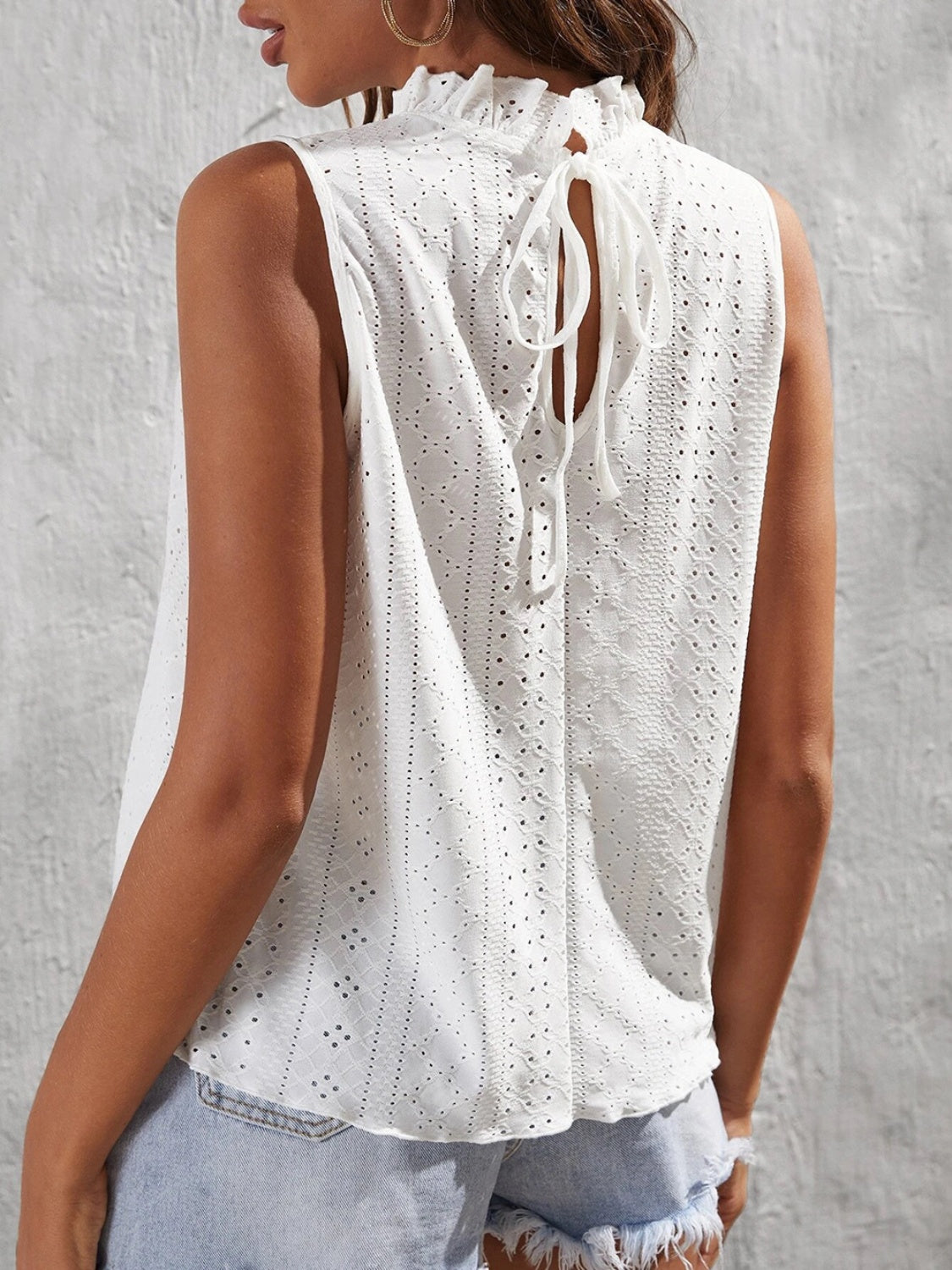 Tied Eyelet Mock Neck Tank