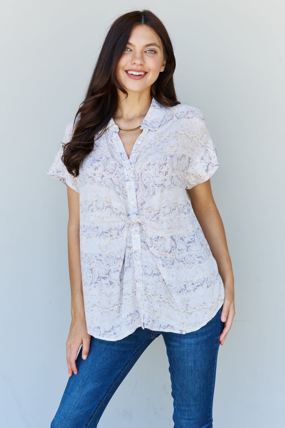 ODDI Full Size Floral Paisley Print Twist Tunic Top