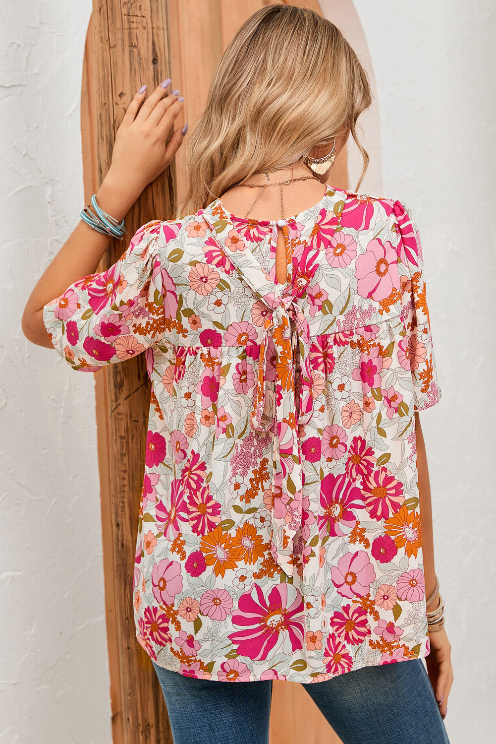 Floral Puff Sleeve Tied Blouse