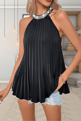 Round Neck Sleeveless Pleated Tank Top