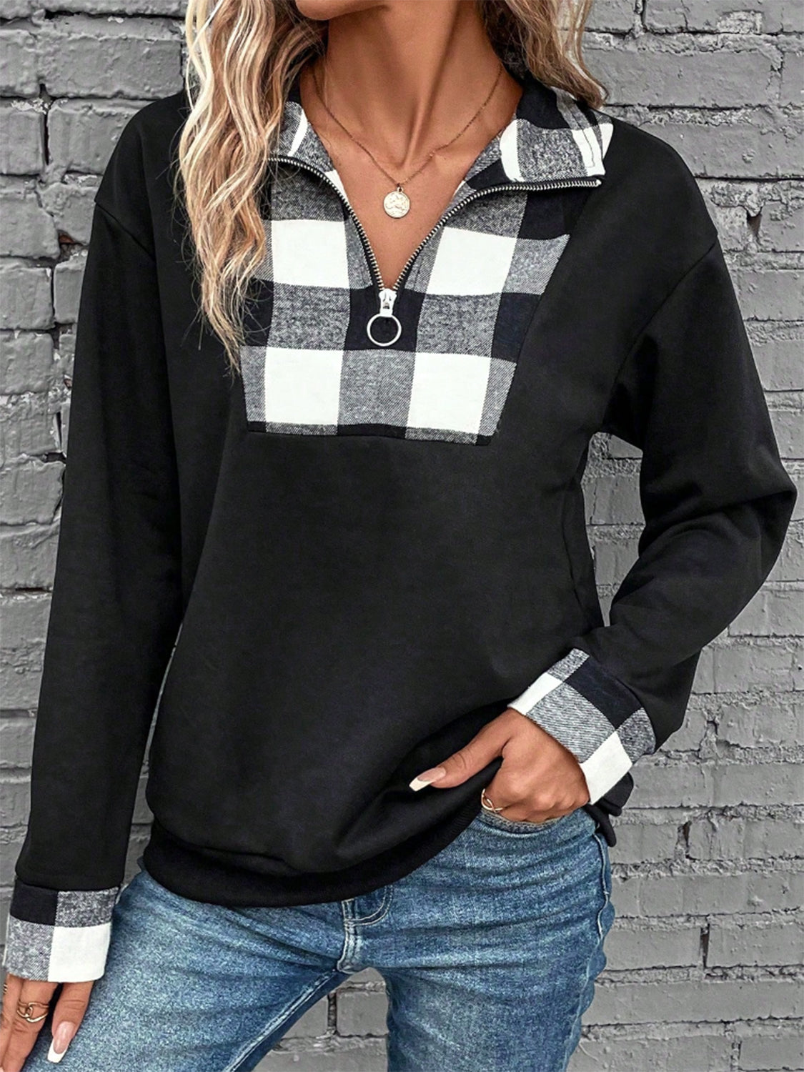 Plaid Quarter-Zip Collared Sweatshirt