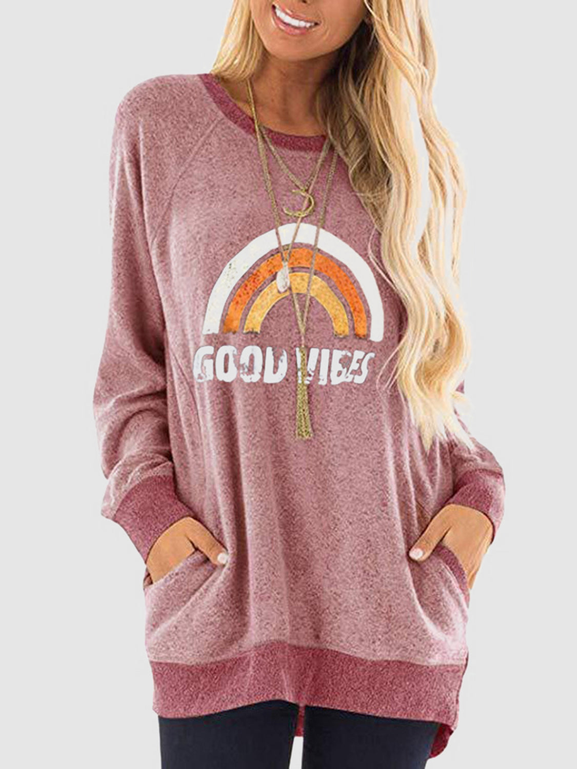 Rainbow Graphic Round Neck Sweatshirt with Pockets