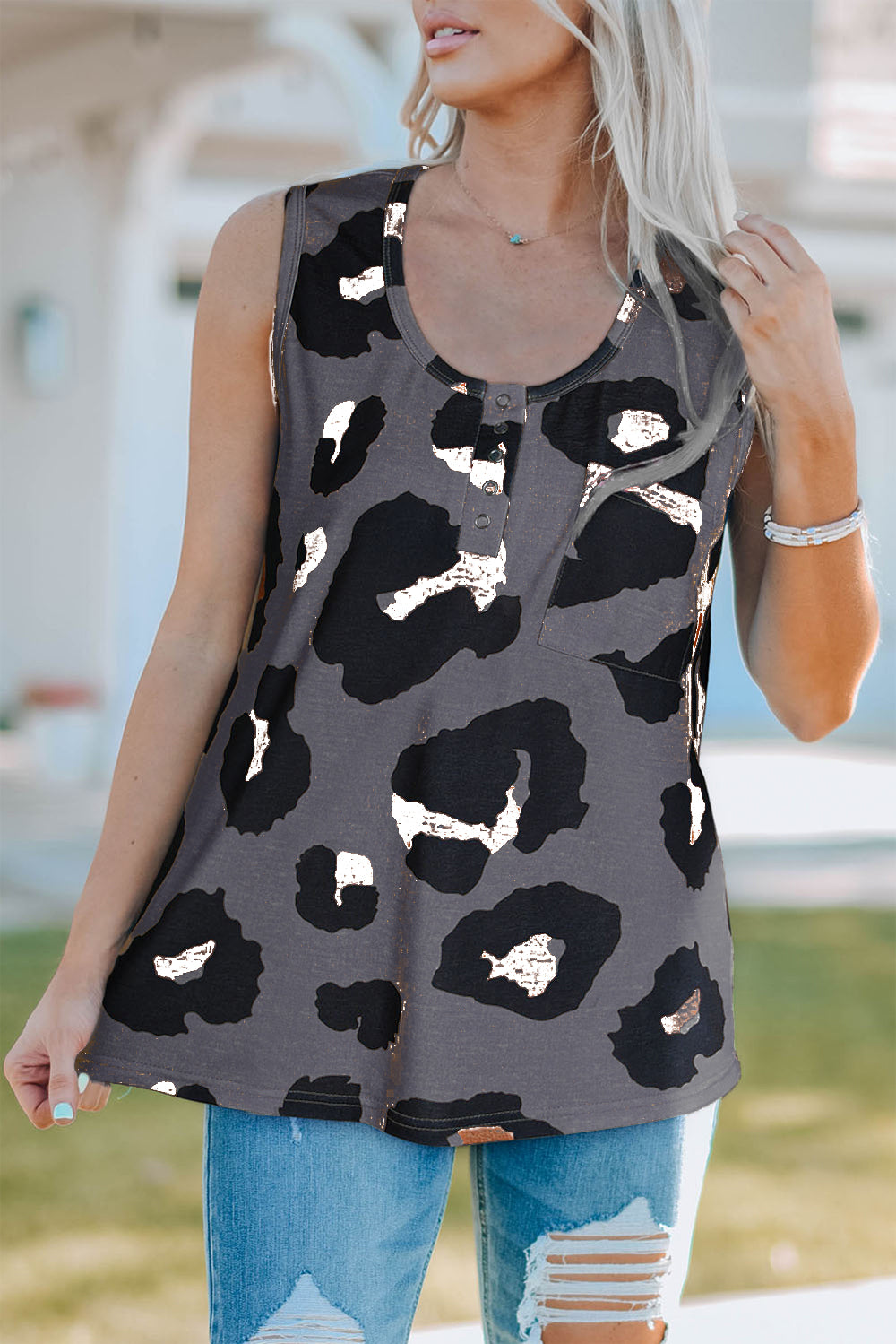 Pocketed Leopard Round Neck Tank