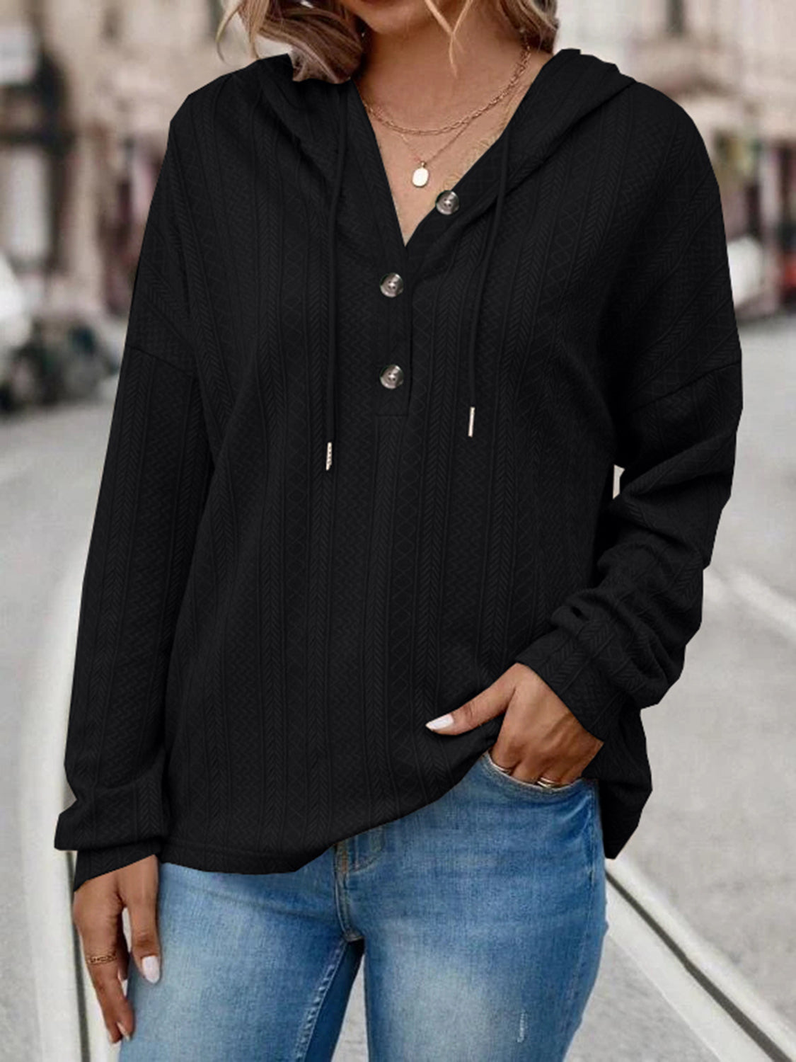 Drawstring Buttoned Drop Shoulder Hoodie