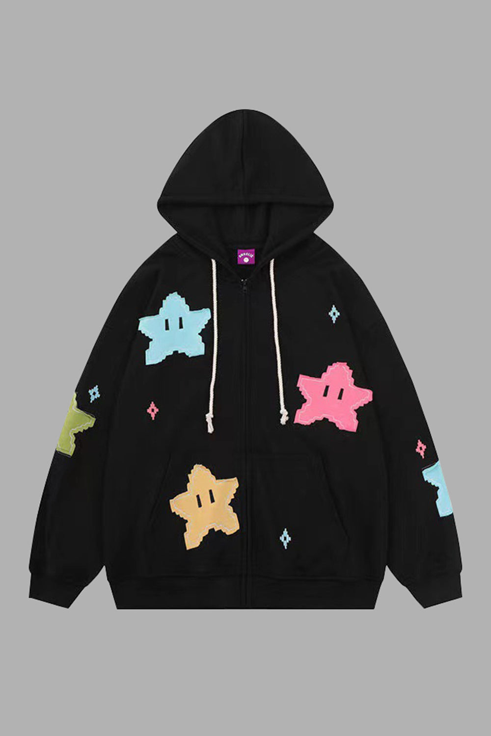 Star Drawstring Zip Up Dropped Shoulder Hoodie