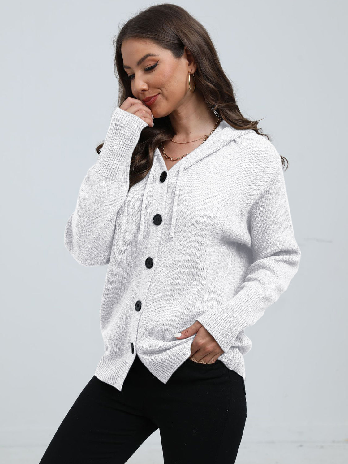 Button Down Drawstring Hooded Cardigan