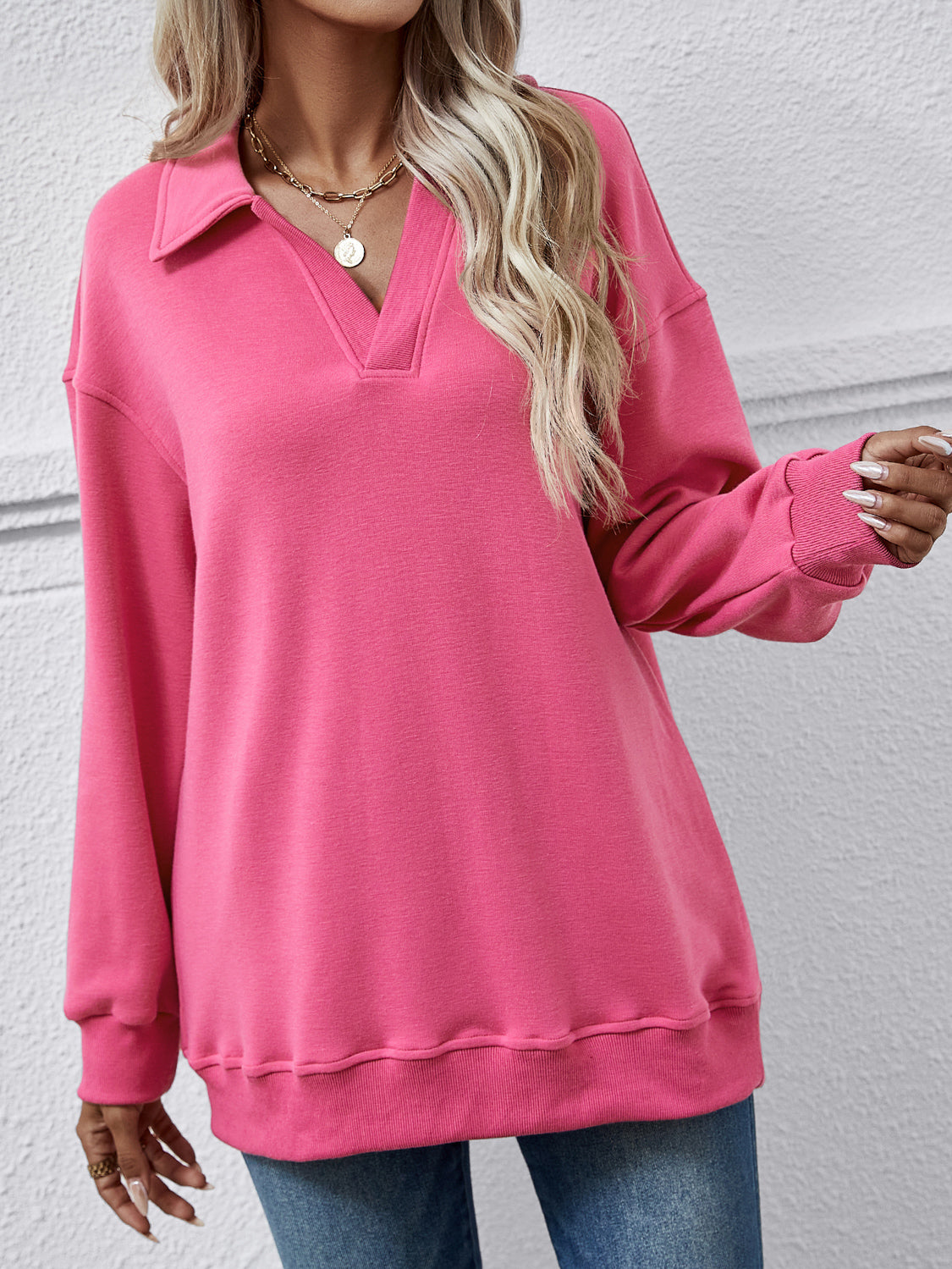 Collared Neck Dropped Shoulder Sweatshirt