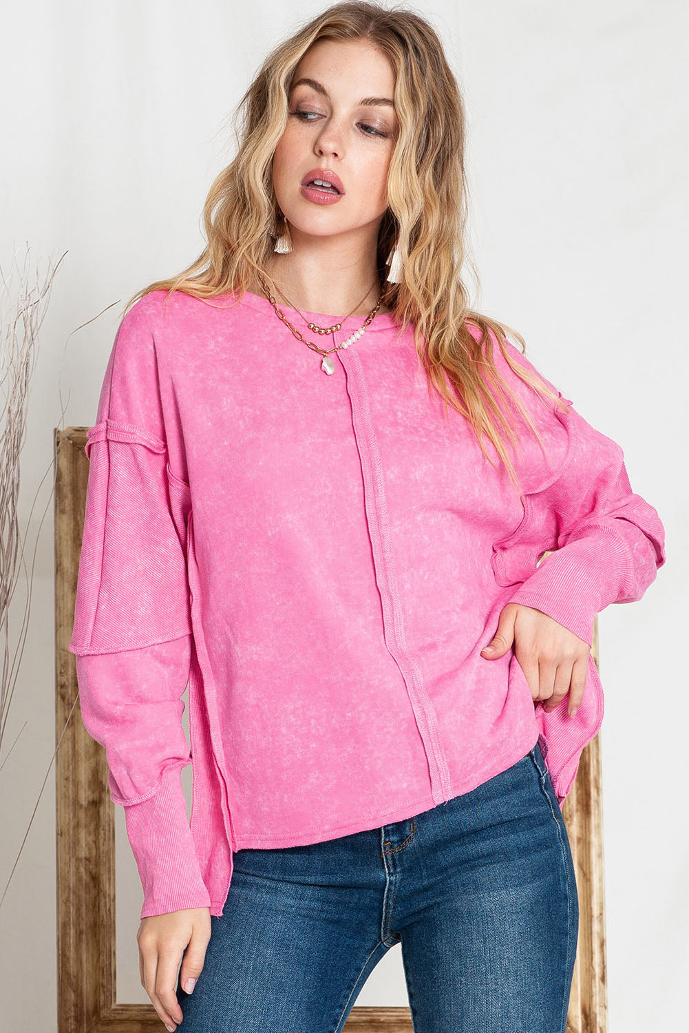 Full Size Exposed Seams Round Neck Dropped Shoulder Sweatshirt