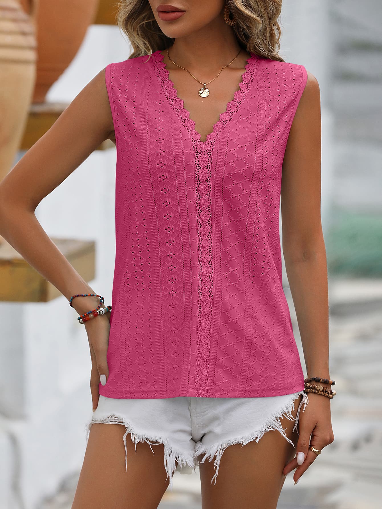 Spliced Lace V-Neck Sleeveless Tank