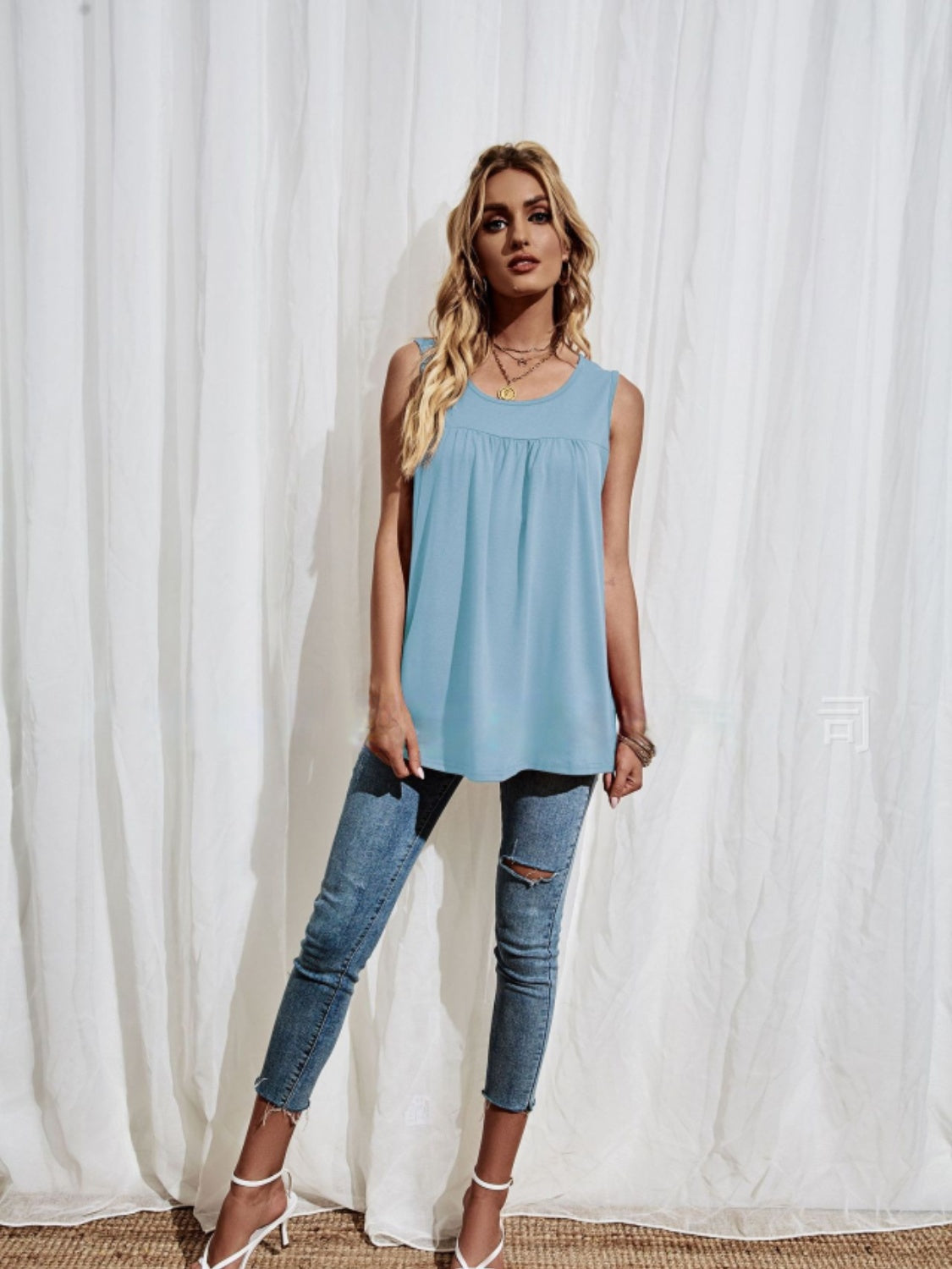 Round Neck Wide Strap Ruched Tank