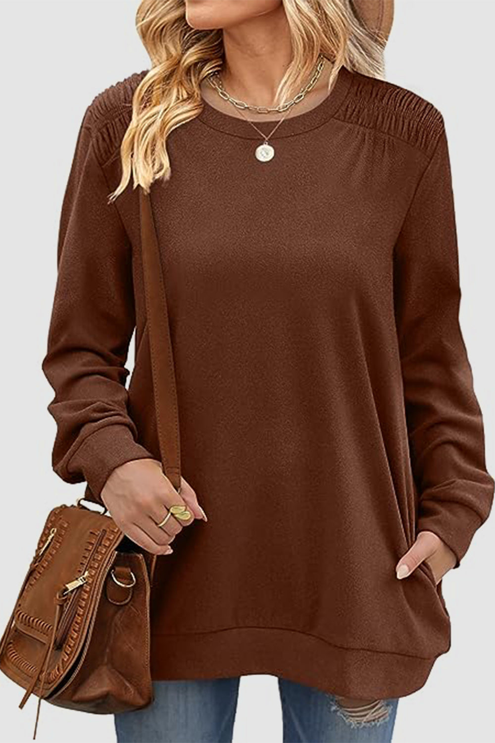 Ruched Round Neck Sweatshirt