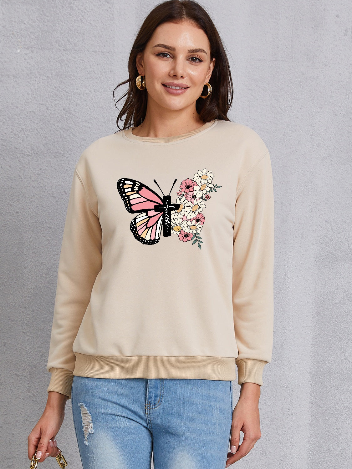 Butterfly Round Neck Dropped Shoulder Sweatshirt