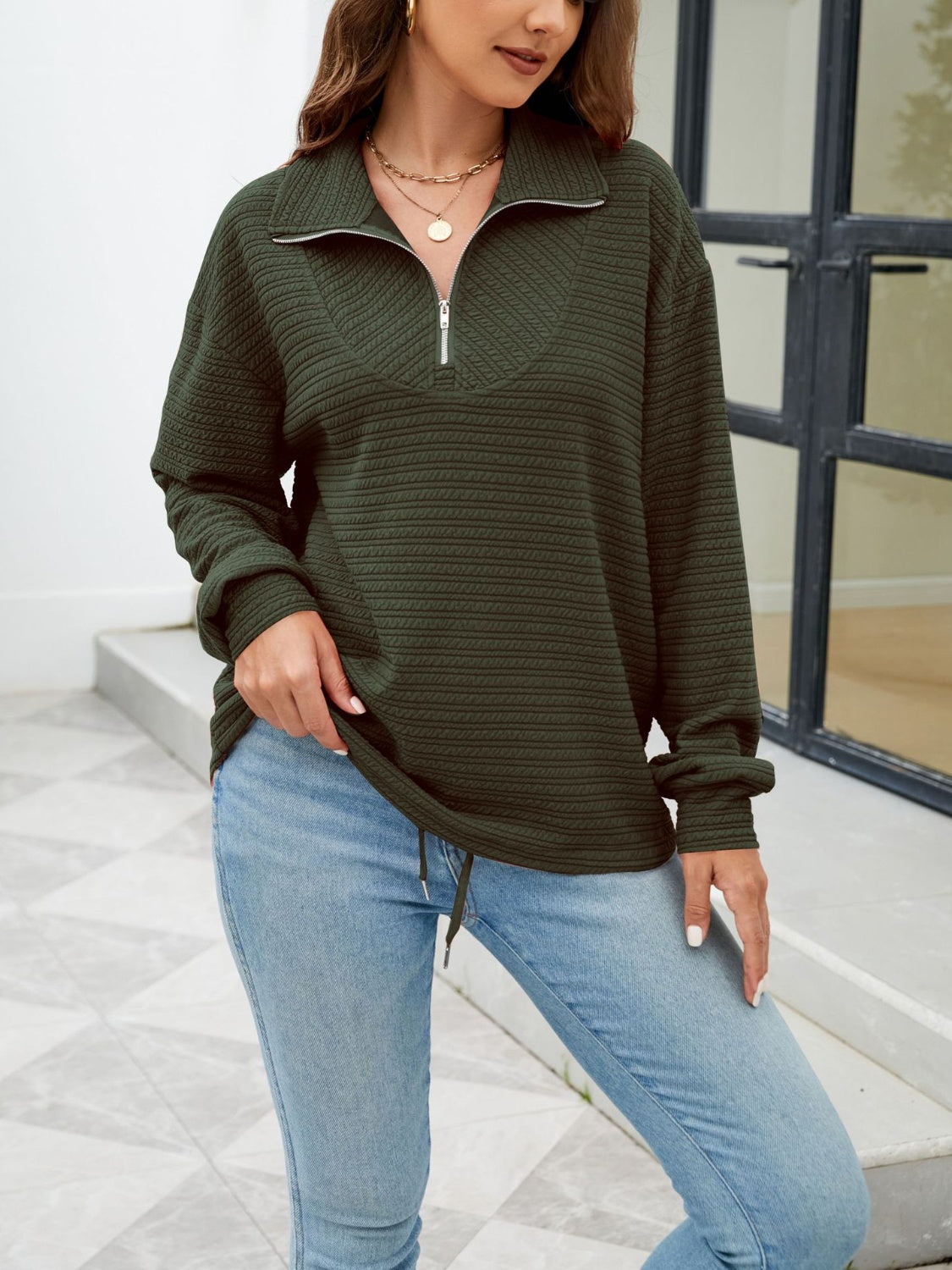 Quarter-Zip Collared Drop Shoulder Sweatshirt