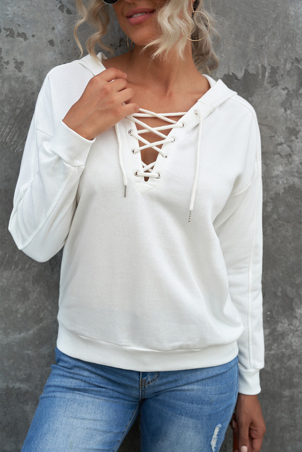 Lace-Up Dropped Shoulder Hoodie