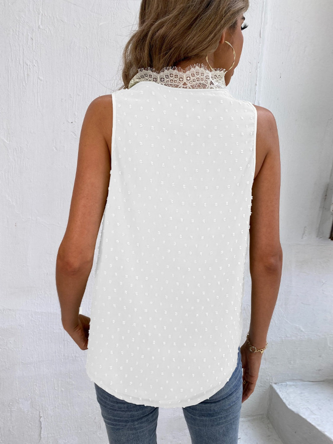 Swiss Dot Lace Detail V-Neck Tank