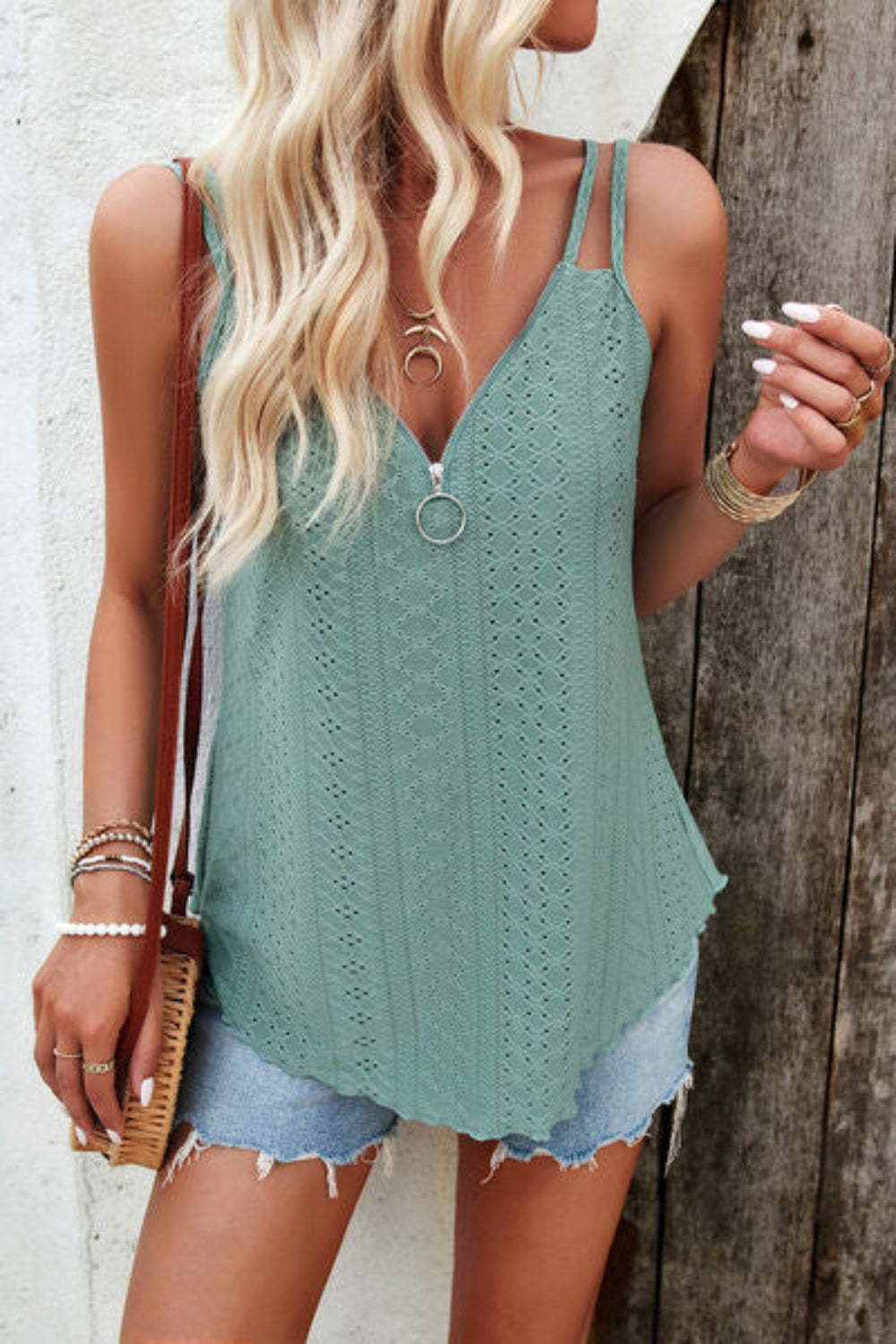 Eyelet V-Neck Double Spaghetti Straps Cami