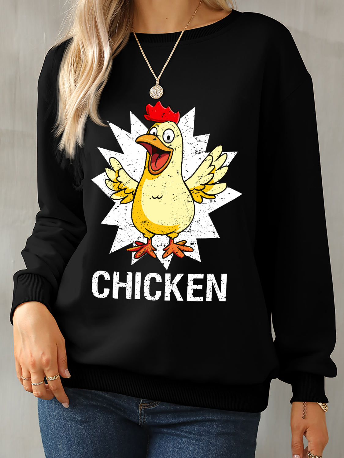 CHICKEN Round Neck Dropped Shoulder Sweatshirt