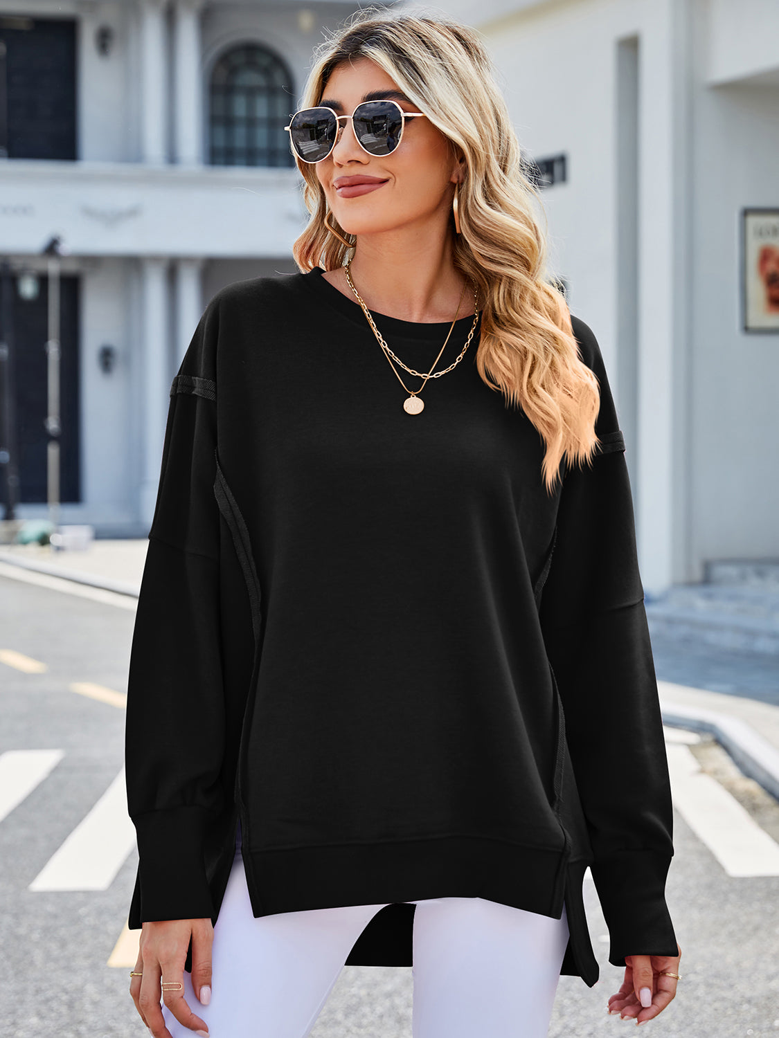 Exposed Seam High-Low Round Neck Sweatshirt