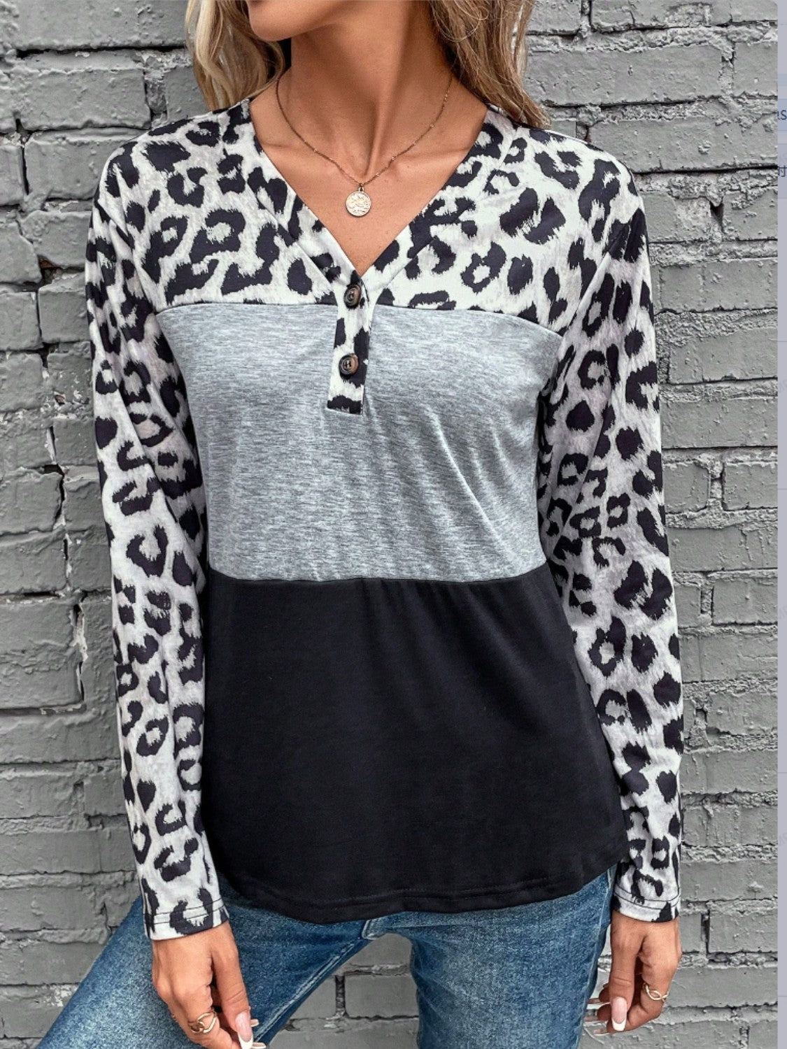 Leopard Color Block Long Sleeve Top