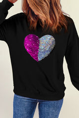 Heart Sequin Round Neck Dropped Shoulder Sweatshirt