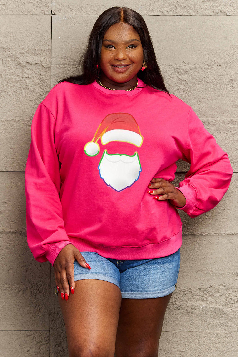 Simply Love Full Size Rainbow Santa Graphic Round Neck Sweatshirt