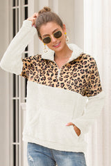 Leopard Zip-Up Turtle Neck Dropped Shoulder Sweatshirt