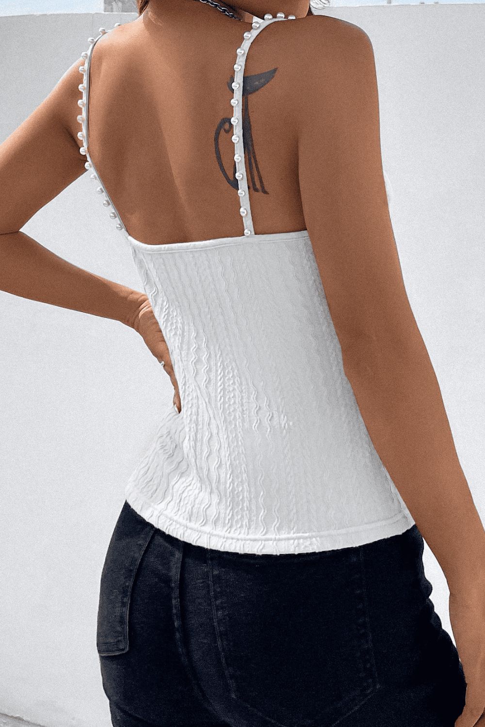 Beads Detail Spaghetti Straps Cable-Knit Cami