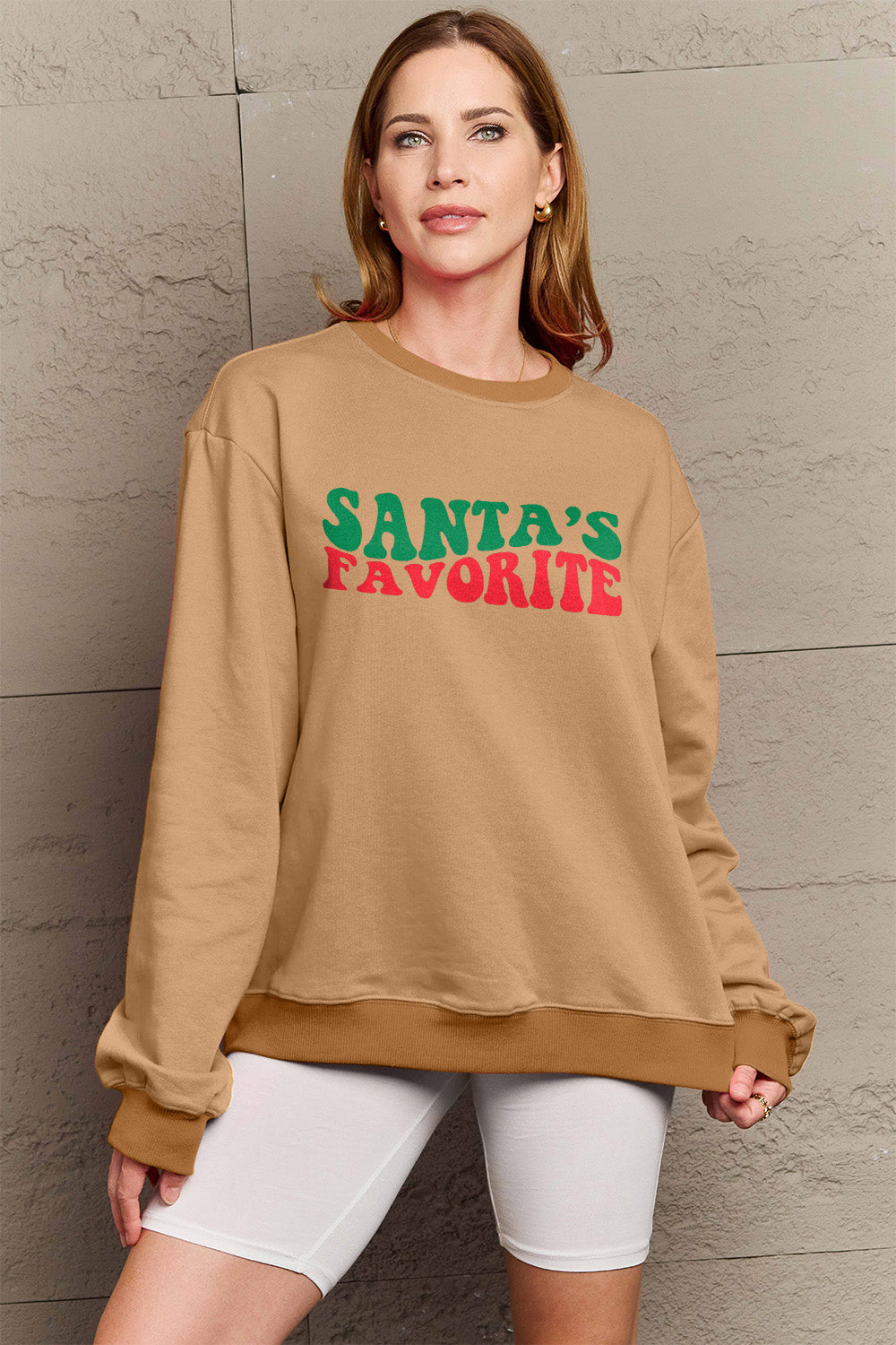 Simply Love Full Size SANTA'S FAVORITE Round Neck Sweatshirt