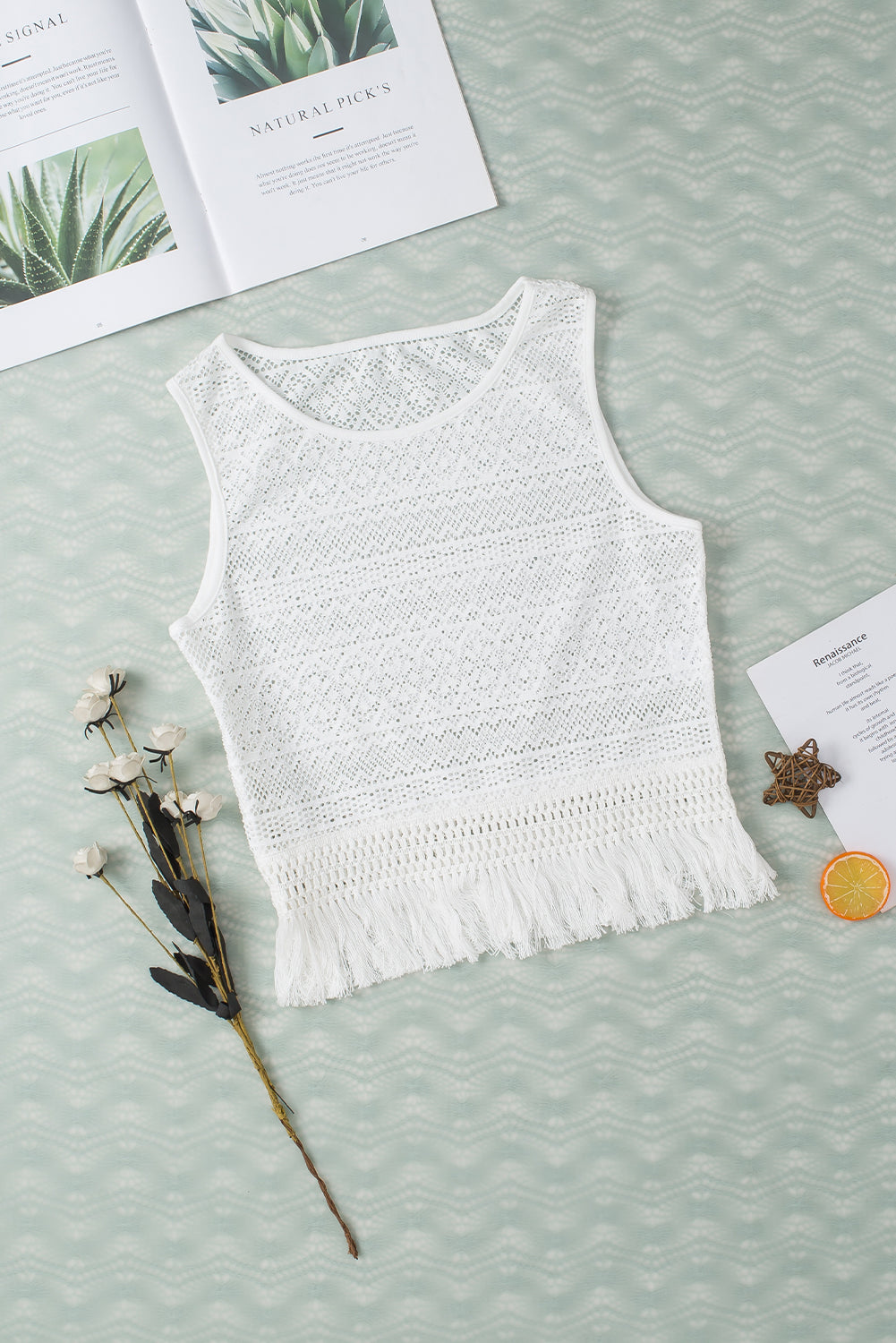 Fringe Openwork Round Neck Tank