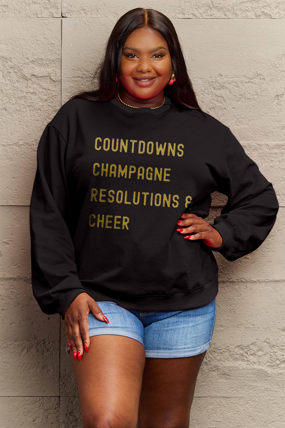 Simply Love Full Size COUNTDOWNS CHAMPAGNE RESOLUTIONS & CHEER Round Neck Sweatshirt