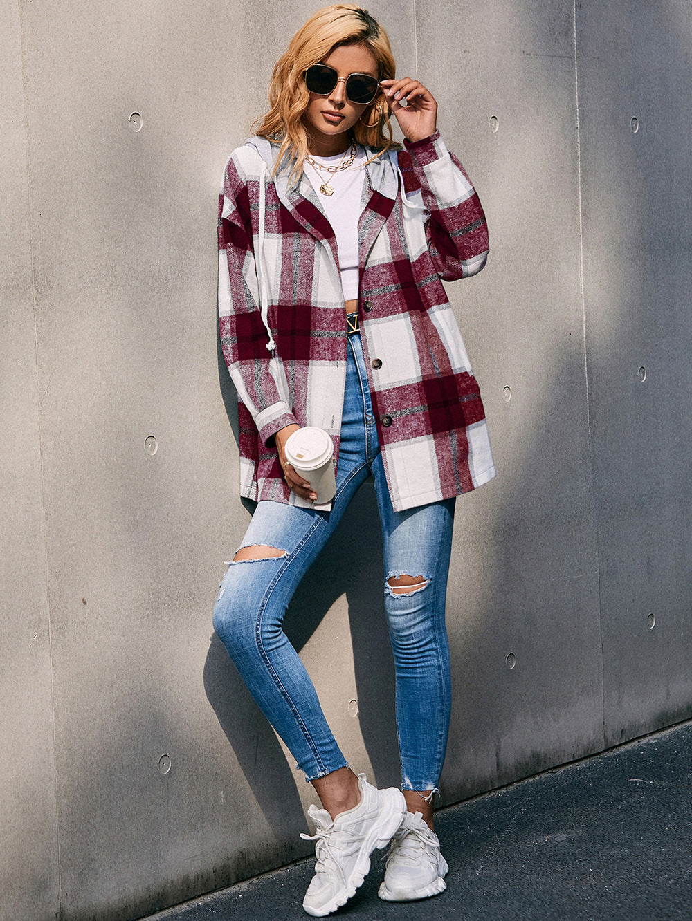 Plaid Dropped Shoulder Hooded Jacket