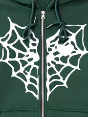 Spiderweb Graphic Drawstring Zip Up Hooded Jacket