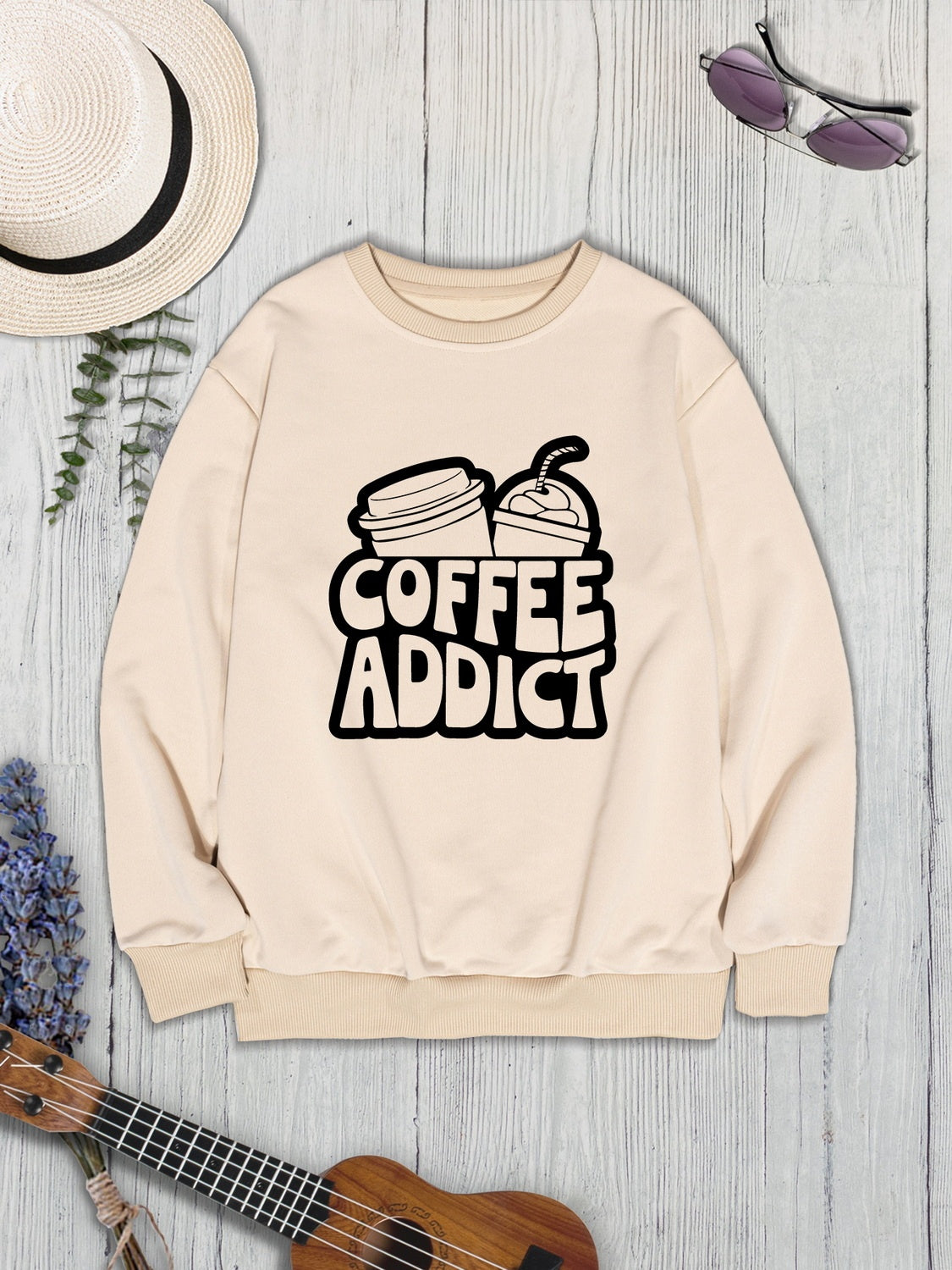 COFFEE ADDICT Round Neck Dropped Shoulder Sweatshirt