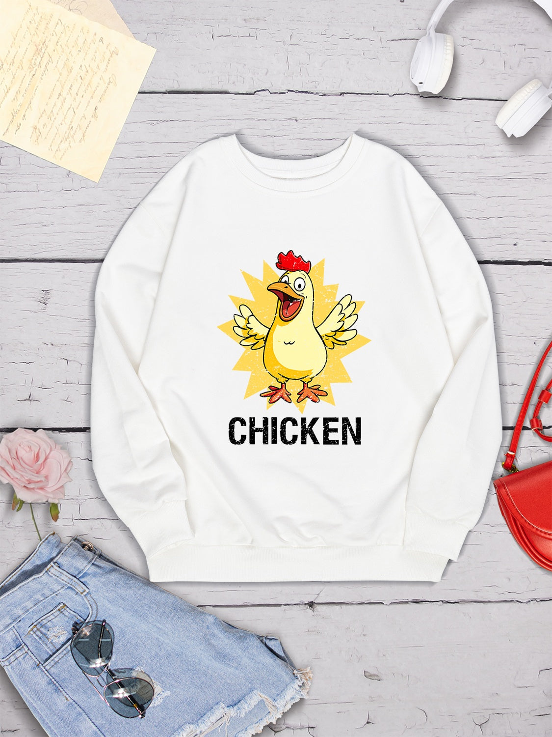 CHICKEN Round Neck Dropped Shoulder Sweatshirt