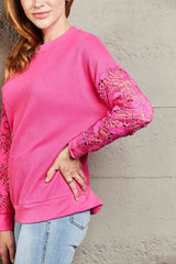 Double Take Dropped Shoulder Openwork Round Neck Sweatshirt