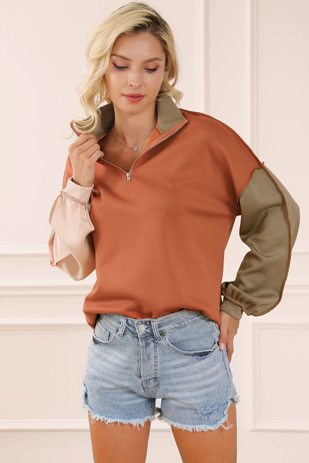 Color Block Exposed Seam Half Zip Sweatshirt