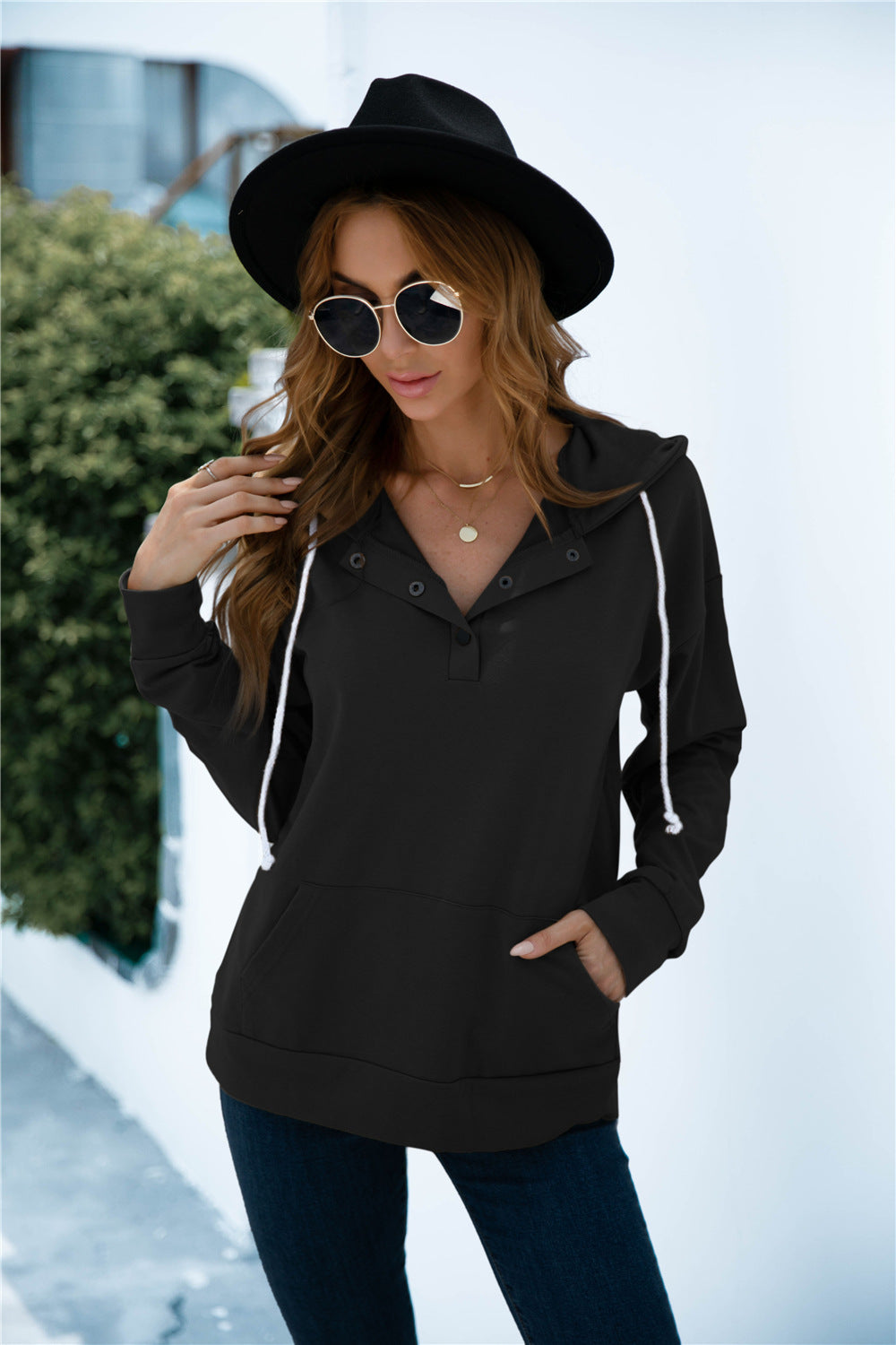 Quarter Snap Drawstring Hoodie with Kangaroo Pocket