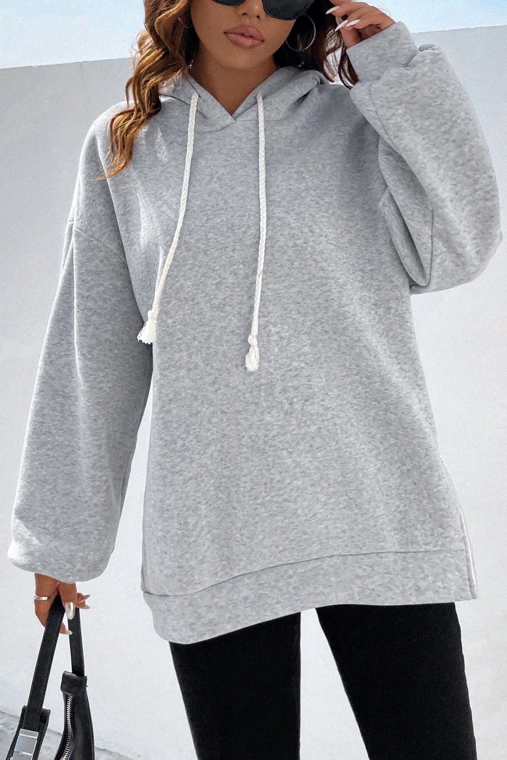 Side Zipper Dropped Shoulder Hoodie