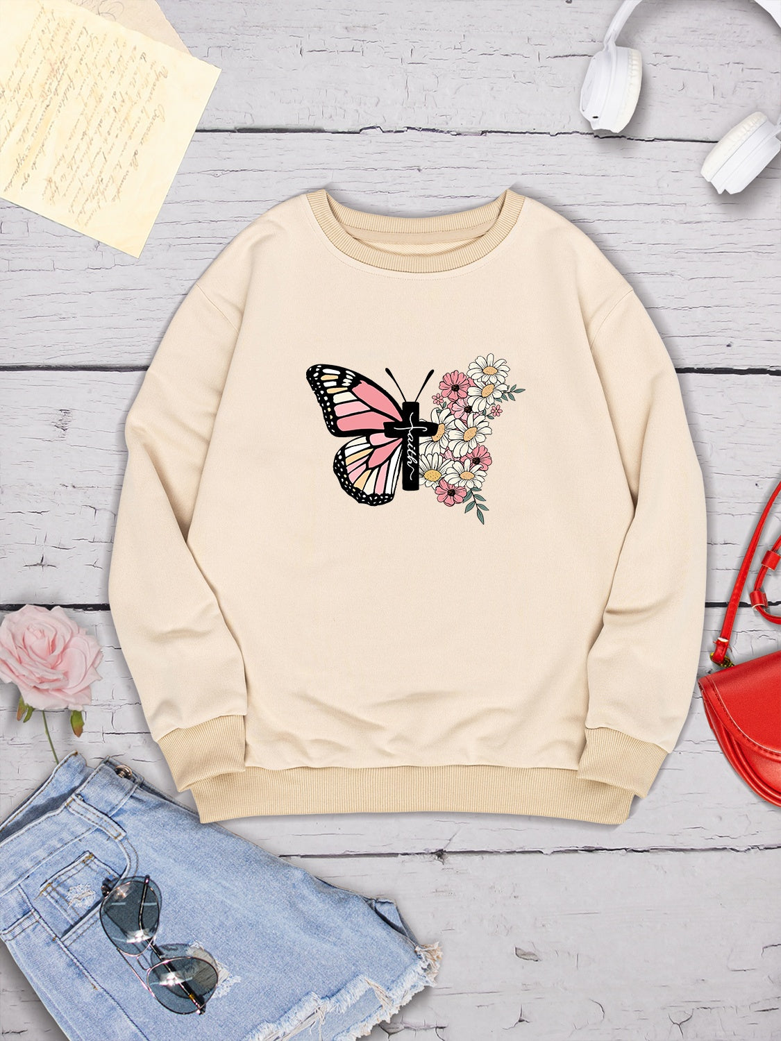 Butterfly Round Neck Dropped Shoulder Sweatshirt