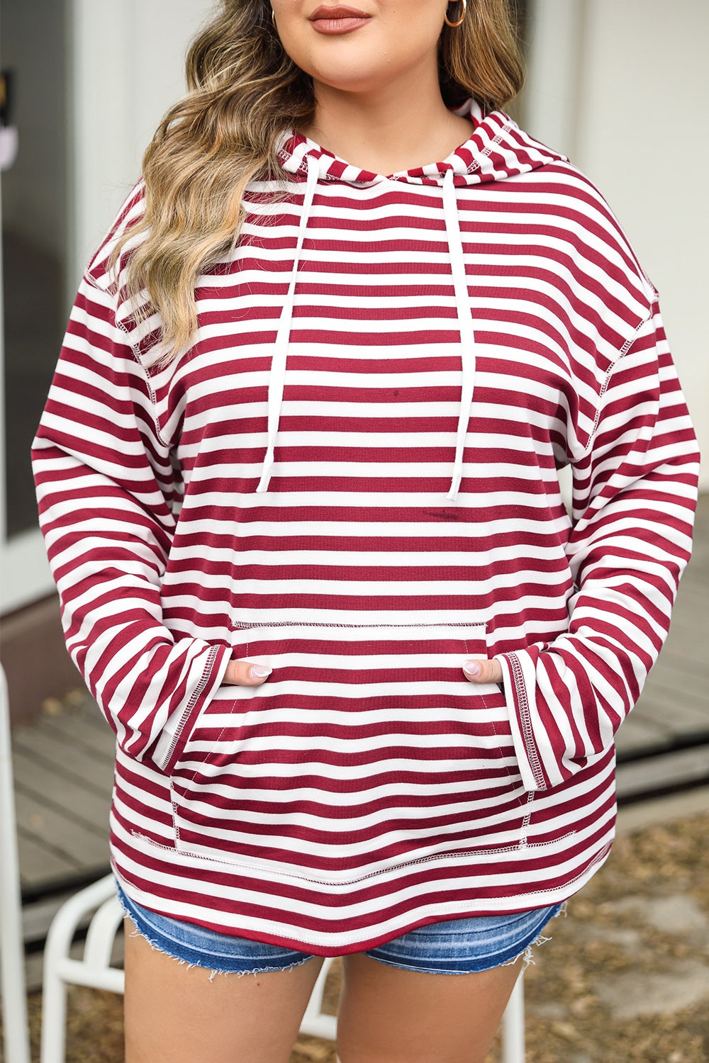 Plus Size Drawstring Striped Dropped Shoulder Hoodie