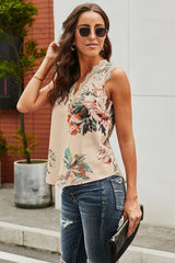 Lace Detail Printed V-Neck Tank