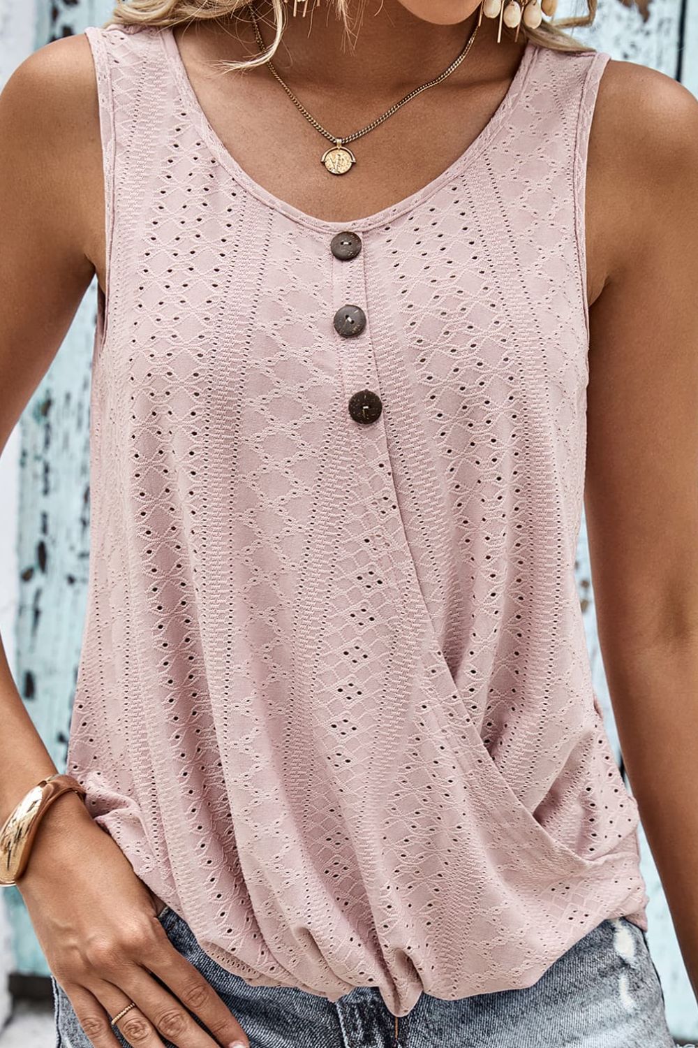 Decorative Button Hem Detail Eyelet Tank