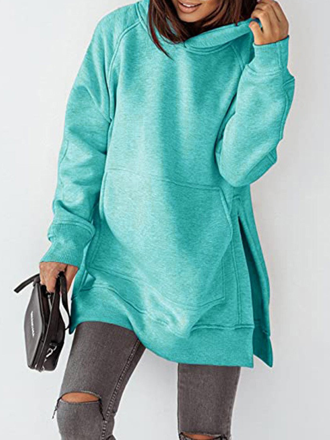 Slit Pocketed Raglan Sleeve Hoodie