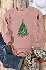 Sequin Christmas Tree Ribbed Drop Shoulder Sweatshirt