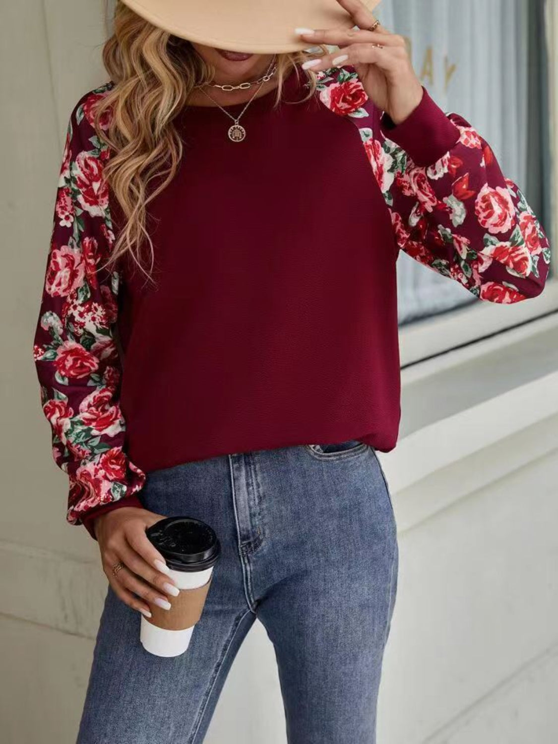 Floral Raglan Sleeve Round Neck Sweatshirt