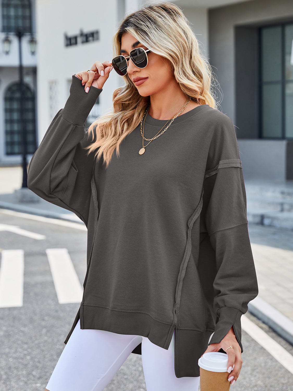 Exposed Seam High-Low Round Neck Sweatshirt