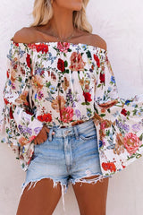 Printed Off Shoulder Flare Sleeve Blouse