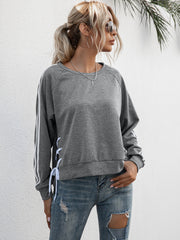 Lace-Up Round Neck Long Sleeve Sweatshirt