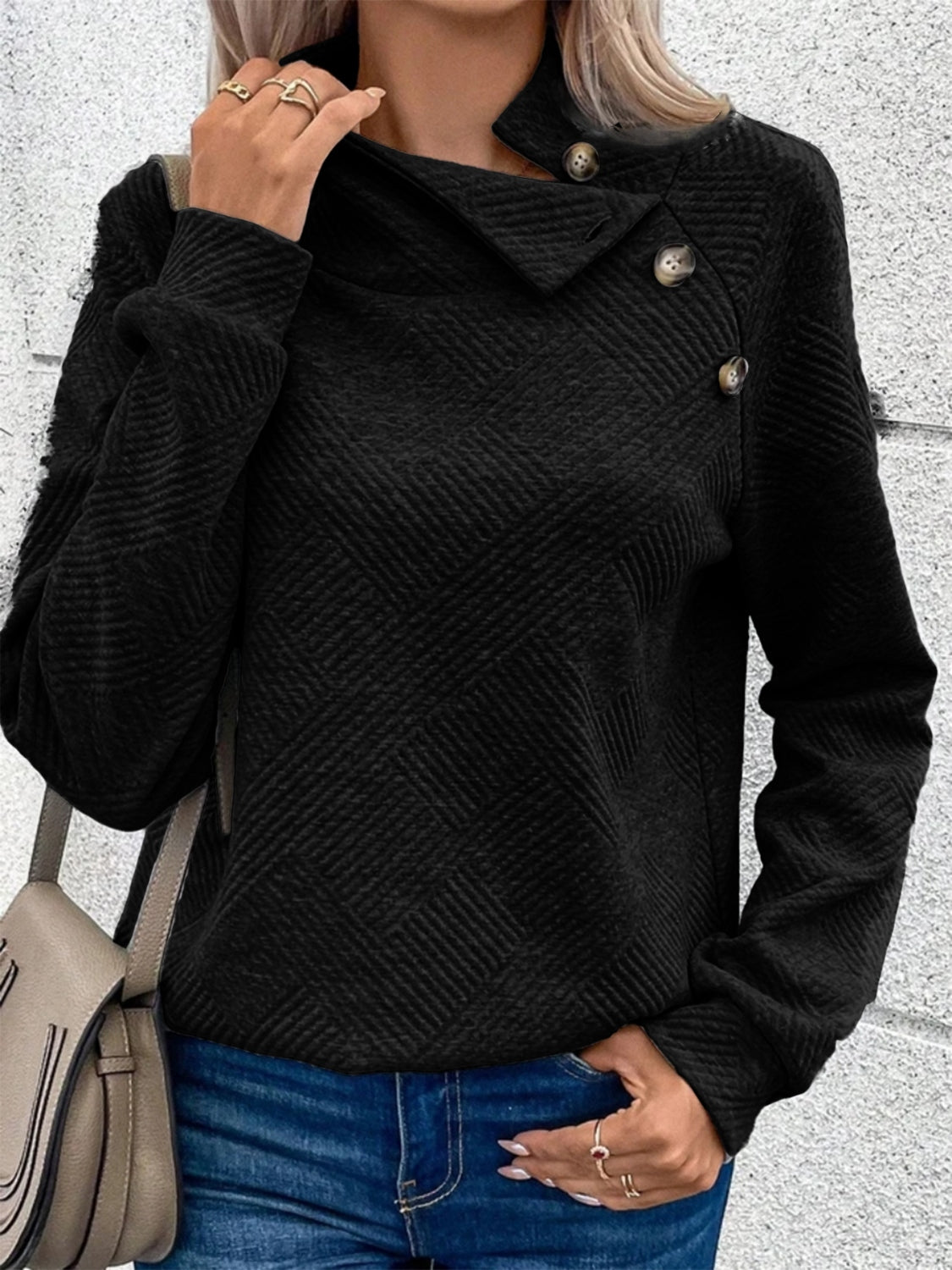 Buttoned Mock Neck Long Sleeve Sweatshirt