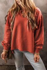 Notched Lantern Sleeve Dropped Shoulder Sweatshirt